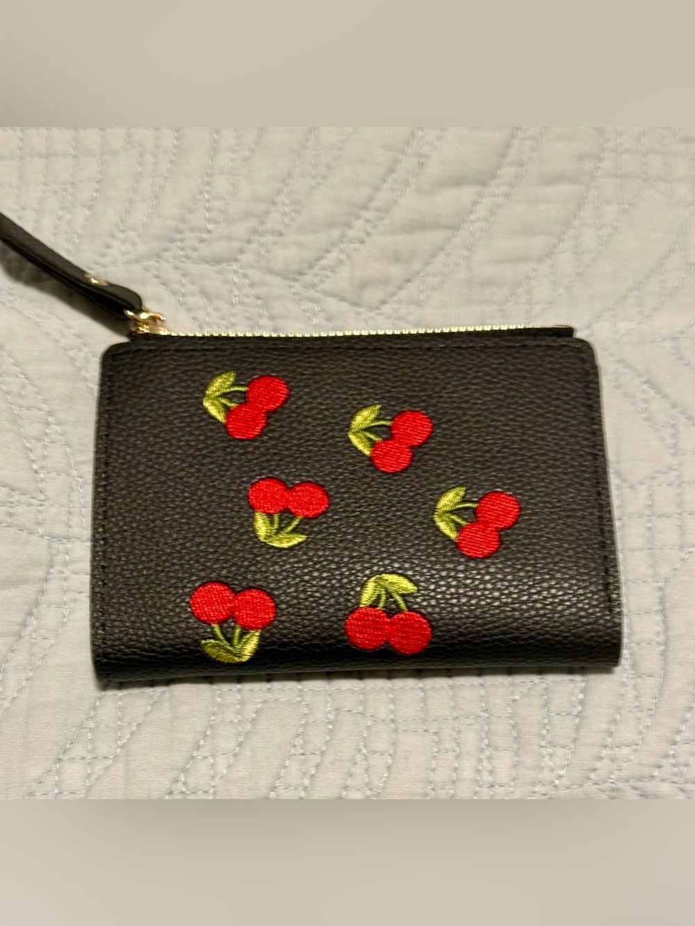 Cherry Embroidered  Black Wallet, NWOT